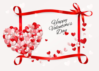 Poster - Happy Valentine's Day beautiful card with colorful hearts collected in the shape of a heart and a red ribbon with a bow. Vector.