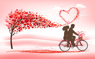 Leinwandbilder - A Pink Holiday Valentine's Day background. Tree with heart-shaped leaves and bike with couple in love. Vector