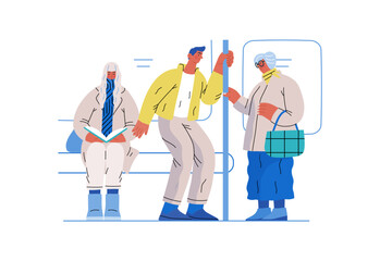 Wall Mural - Mutual Support Giving up seat in public transport -modern flat vector concept illustration of man offering his seat to elderly woman on bus A metaphor of voluntary, collaborative exchanges of services