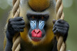 A mandrill with a strikingly colorful face grips onto ropes, its intense gaze captured in a close-up that highlights the unique facial patterns of this African primate.