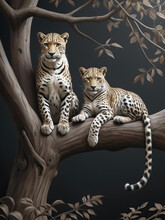 Leopards In The Tree - Delightful Chalk Art Of Two Leopards Lounging In The Branches Of A Tall Tree Gen AI