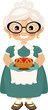 Cartoon vector character stereotypical grandma baker holding berry pie in her hands in the traditional image of a sweet and kind elderly woman