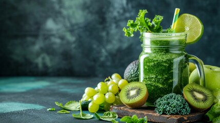 Glass jar mugs with green health smoothie, kale leaves, lime, apple, kiwi, grapes, banana, avocado, lettuce