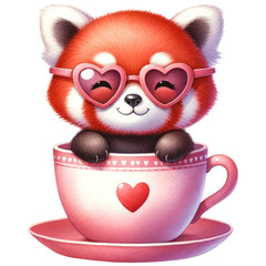 Wall Mural - Cute Red Panda wearing Heart-Shaped Sunglasses in a Teacup, Happy Valentine Baby Animal in a Cup, Love and Red Heart Concept, Watercolor, Isolated on Transparent Background. Generative AI 