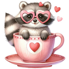 Wall Mural - Cute Raccoon wearing Heart-Shaped Sunglasses in a Teacup, Happy Valentine Baby Animal in a Cup, Love and Red Heart Concept, Watercolor, Isolated on Transparent Background. Generative AI 