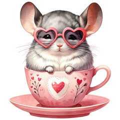 Wall Mural - Cute Chinchilla wearing Heart-Shaped Sunglasses in a Teacup, Happy Valentine Baby Animal in a Cup, Love and Red Heart Concept, Watercolor, Isolated on Transparent Background. Generative AI 