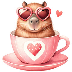 Wall Mural - Cute Capybara wearing Heart-Shaped Sunglasses in a Teacup, Happy Valentine Baby Animal in a Cup, Love and Red Heart Concept, Watercolor, Isolated on Transparent Background. Generative AI 