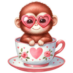 Wall Mural - Cute Monkey wearing Heart-Shaped Sunglasses in a Teacup, Happy Valentine Baby Animal in a Cup, Love and Red Heart Concept, Watercolor, Isolated on Transparent Background. Generative AI 