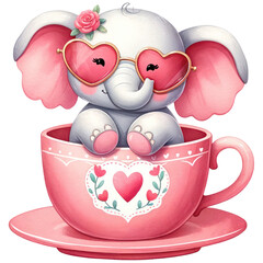 Wall Mural - Cute Elephant wearing Heart-Shaped Sunglasses in a Teacup, Happy Valentine Baby Animal in a Cup, Love and Red Heart Concept, Watercolor, Isolated on Transparent Background. Generative AI 