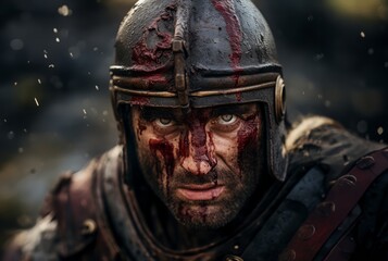 Fototapeta the face of a bloodied spartan warrior, marked by battle scars, reflects stoic determination and unwavering bravery up close.generated image