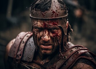 Fototapeta the face of a bloodied spartan warrior, marked by battle scars, reflects stoic determination and unwavering bravery up close.generated image