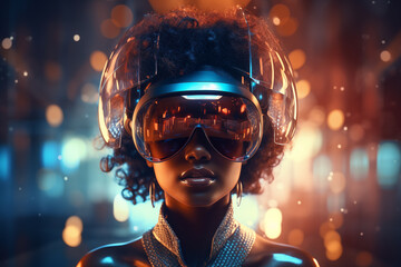 A young, beautiful woman in afro style with futuristic glasses on her head. This image captures the concept of future fashion, modern technology, and individual culture.