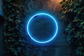 Glowing blue neon sign against a dark wall