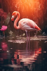 Poster - A pink flamingo standing in the water with pink flowers. Generative AI.