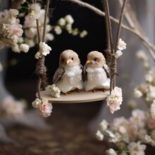 Two Small Birds Sitting On A Swing With Flowers. Generative AI.