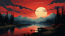  Sunset Landscape With Lake, Clouds On Red Sky, Silhouettes On Hills And Trees On Coast