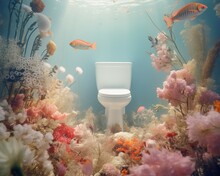 Underwater Scene Of The Toilet With Fish And Flowers. Summer Concept.