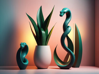 Wall Mural - Minimalist Vector Art Display - Snake Plant and Sculpture with Striking Color Palettes Gen AI