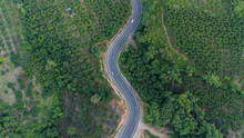 Aerial View Of The Road Cutting Through The Agriculture Field In Rural Area Of Chiang Rai Province Of Thailand.