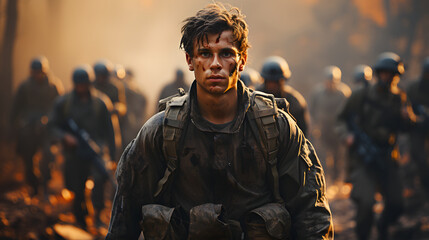 Portrait of a Soldier in a War Zone. Man in Battle