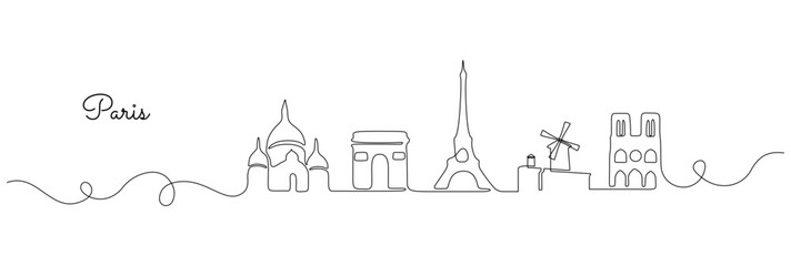 Poster - Continuous one line drawing of Paris skyline. French landmarks buildings and city architecture with Eiffel Tower in simple linear style. Editable stroke. Doodle outline vector illustration