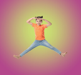 Sticker - Happy cute girl jumping on color gradient background