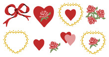 Valentine Day Collection. Hand Drawn Cartoon Cute Elements In Retro Vintage Style. Hearts, Bow Ribbon And Flower Set. Simple Shape, Rose Flowers, Traditional Valentine’s Day Vector Illustration.