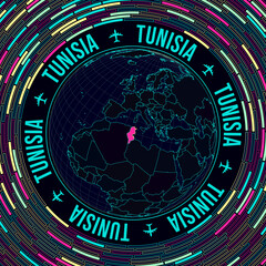 Fototapete - Tunisia on globe. Satellite view of the world centered on Tunisia. Bright neon style. Futuristic radial bricks background. Attractive vector illustration.