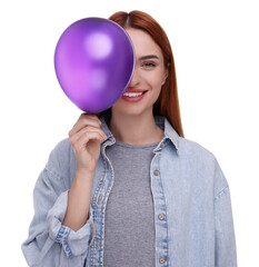 Sticker - Happy woman with purple balloon on white background