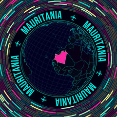 Poster - Mauritania on globe. Satellite view of the world centered on Mauritania. Bright neon style. Futuristic radial bricks background. Radiant vector illustration.