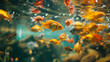 きれいな水槽の中のたくさんの赤と白の熱帯魚/金魚