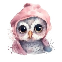 Cute OWL BABY, BEAUTIFUL SHINING EYES HAPPY, Wearing Babygrow , BACK VIEW WITH HEAD TWISTED FACING CAMERA, Watercolor Little Animals Clipart, Pink