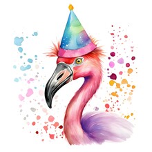 Please Create Watercolor Clipart Of A Flamingo, Smiling, Wearing Party Prop Glasses And Party Hat, Colorful
