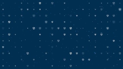Poster - Template animation of evenly spaced radiation symbols of different sizes and opacity. Animation of transparency and size. Seamless looped 4k animation on dark blue background with stars