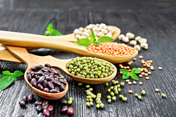 Poster - Lentils with chickpeas and beans in spoons on board