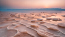 Dead Sea Salt Shore At Sunrise. Minimalist Landscape. Nature Background. 