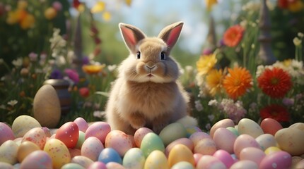 Wall Mural - A charming, fluffy bunny surrounded by vibrant Easter eggs frolicking in a picturesque spring park