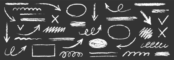 Aufkleber - Chalk scribble arrow, line brush set. Crayon arrow, underline, handwritten mark check elements. Vector hand drawn scribble crayon, marker sketch brush texture. Rough chalk vector illustration