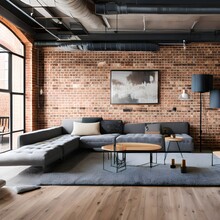 An urban loft living room with exposed brick walls and contemporary furnishings3