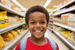 Happy boy in the supermarket, doing shopping. Artificial image representing regions of Brazil and Latin America. AI generated image.