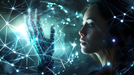 Wall Mural - Young Woman Interacting With Glowing Bright Lights Advanced Technology Interface.  (Generative AI).