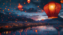 Red Lanterns Flying Through The Night Sky