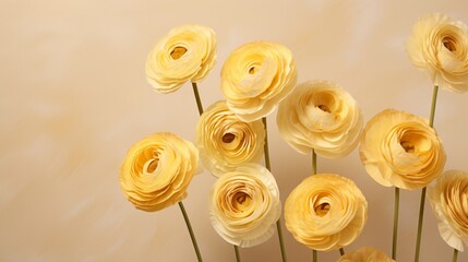 Wall Mural - Elegant ranunculus blooms in shades of buttery yellow against a seamless muted gold background.