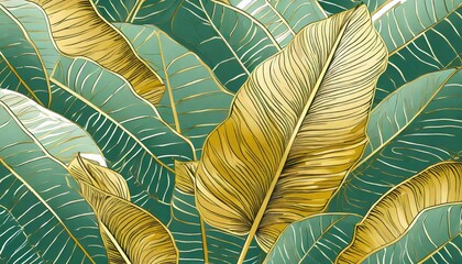 Tropical leaf Wallpaper, Luxury nature leaves pattern design, Golden banana leaf line arts, Hand drawn outline