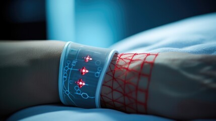 closeup of a sensor patch attached to a patients arm for continuous cardiac monitoring.