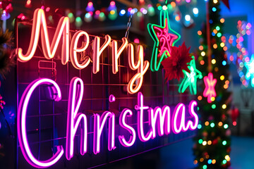 Wall Mural - Merry Christmas neon sign