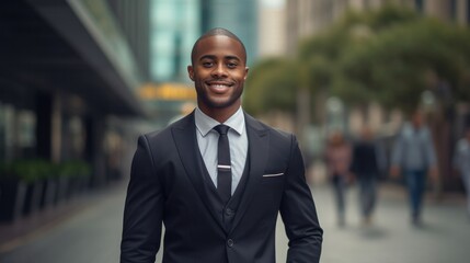 Wall Mural - portrait of a handsome smiling white young black businessman boss in a black suit walking on a city street to his company office. blurry crowdy street background --ar 16:9