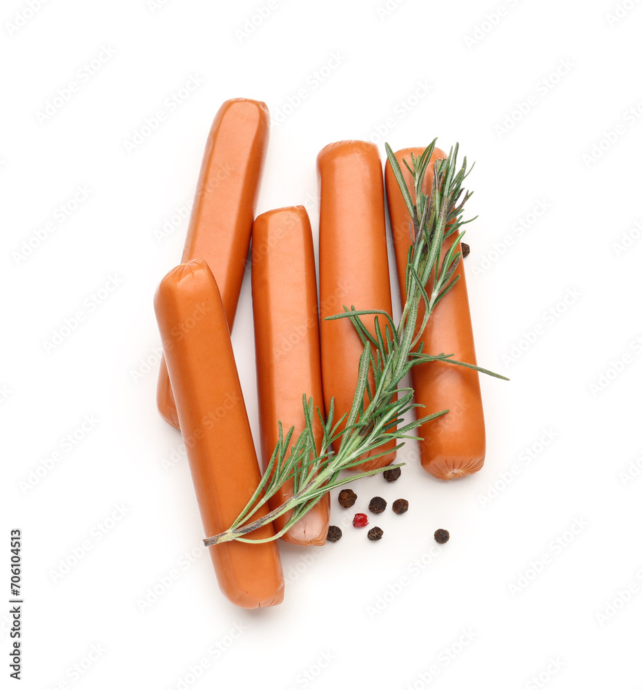 Tasty sausages with rosemary isolated on white background