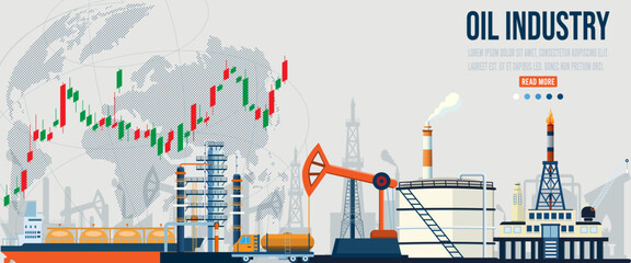 Wall Mural - Gas and oil industry platform Banner with Outbuildings, Oil storage tank and more. Poster Brochure Flyer Design. Vector Illustration eps10