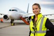 © aicandy - Dedicated Female Ground Support Staff in High-Visibility Vest, Expertly Coordinating Airport Operations Against a Backdrop of Roaring Jet Engines and Bustling Runways